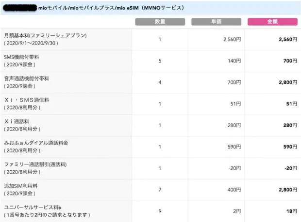 IIJmioモバイルサービスの請求明細（10回線分）