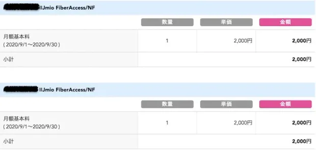 IIJmio FiberAccess/NFの請求明細（2拠点分）