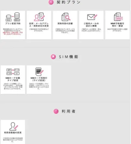 契約関係・SIM関係・利用者情報の変更メニュー