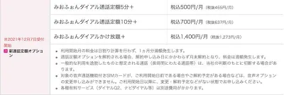 ギガプラン 通話定額オプション料金表