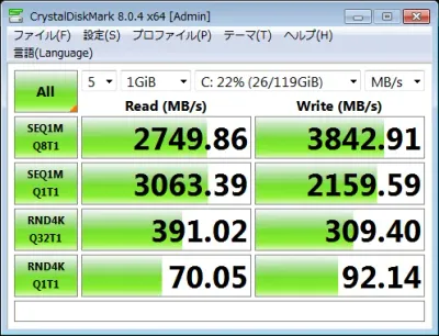 Parallels上のWindowsでのCrystalDiskMark計測結果