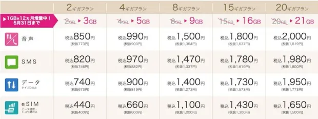 2022年4月改定後のIIJmioギガプラン料金表