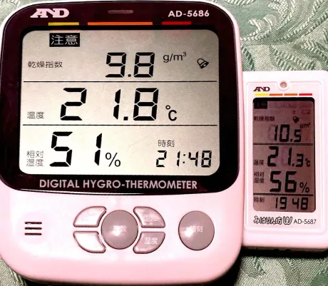 室内据え置き用のA&D くらし環境温湿度計 AD-5686（左）と携帯用のみはりん坊ダブル AD-5687（右）のサイズ比較