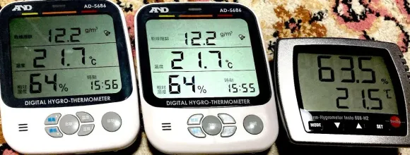 AD-5686を2台並べて12.2g/m³・21.7℃・64%で完全一致し、ドイツ製産業用温湿度計testo 608-H2（63.5%・21.5℃）とも高精度に合致した比較検証