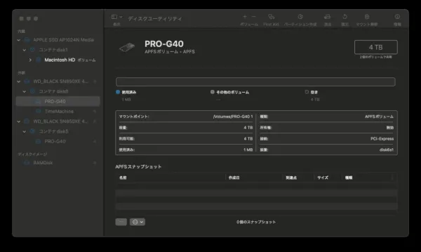 ディスクユーティリティで内蔵1TB SSDと外部PRO-G40（WD_BLACK SN850XE 4TB×2台・PCI-Express接続）およびRAMDiskが認識されている画面