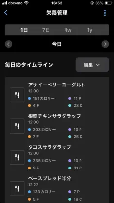 Garmin Connectの栄養管理タイムライン：ベースブレッド半分とスタバのサラダラップ2種・ヨーグルトのPFC記録