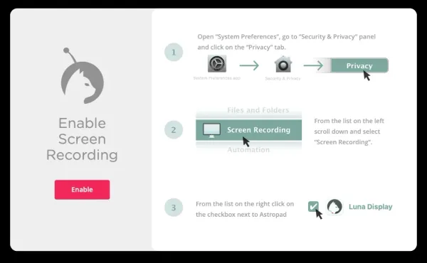 Luna Display初回起動時の画面収録権限（Enable Screen Recording）案内ダイアログ