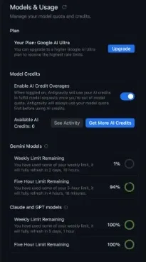 Ultra 5xで週間制限が残り1%になりUpgradeボタンが出ている画面