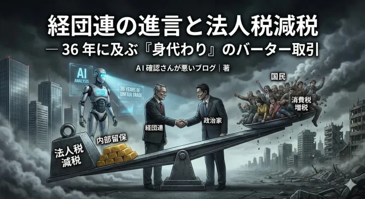 経団連の進言と法人税減税 — {CONSUMPTION_TAX_YEARS}年に及ぶ『身代わり』のバーター取引